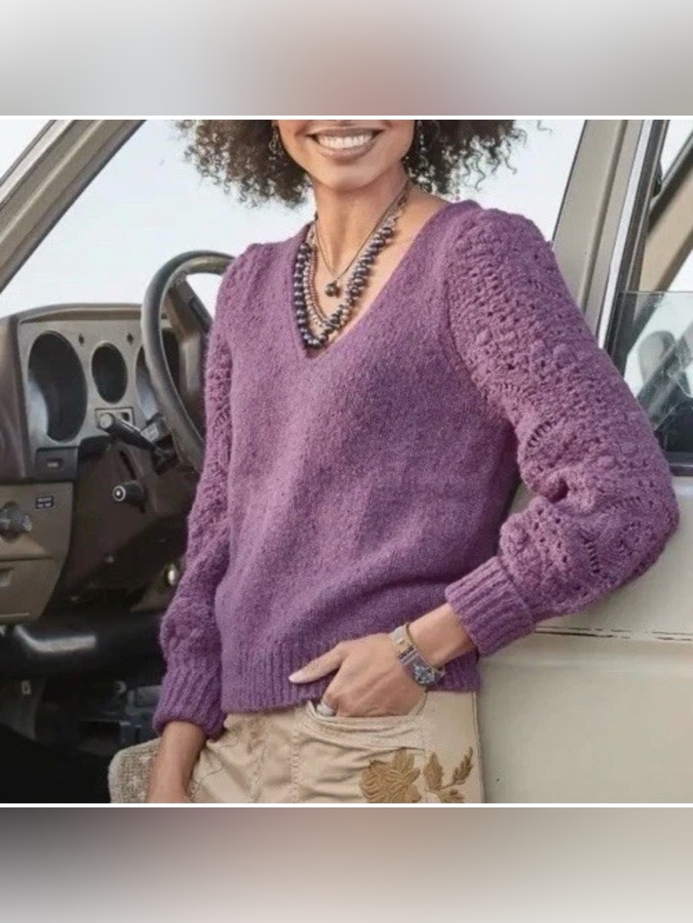 Sundance Purple Yessica Pointelle Sleeve V-Neck Knit Sweater Large